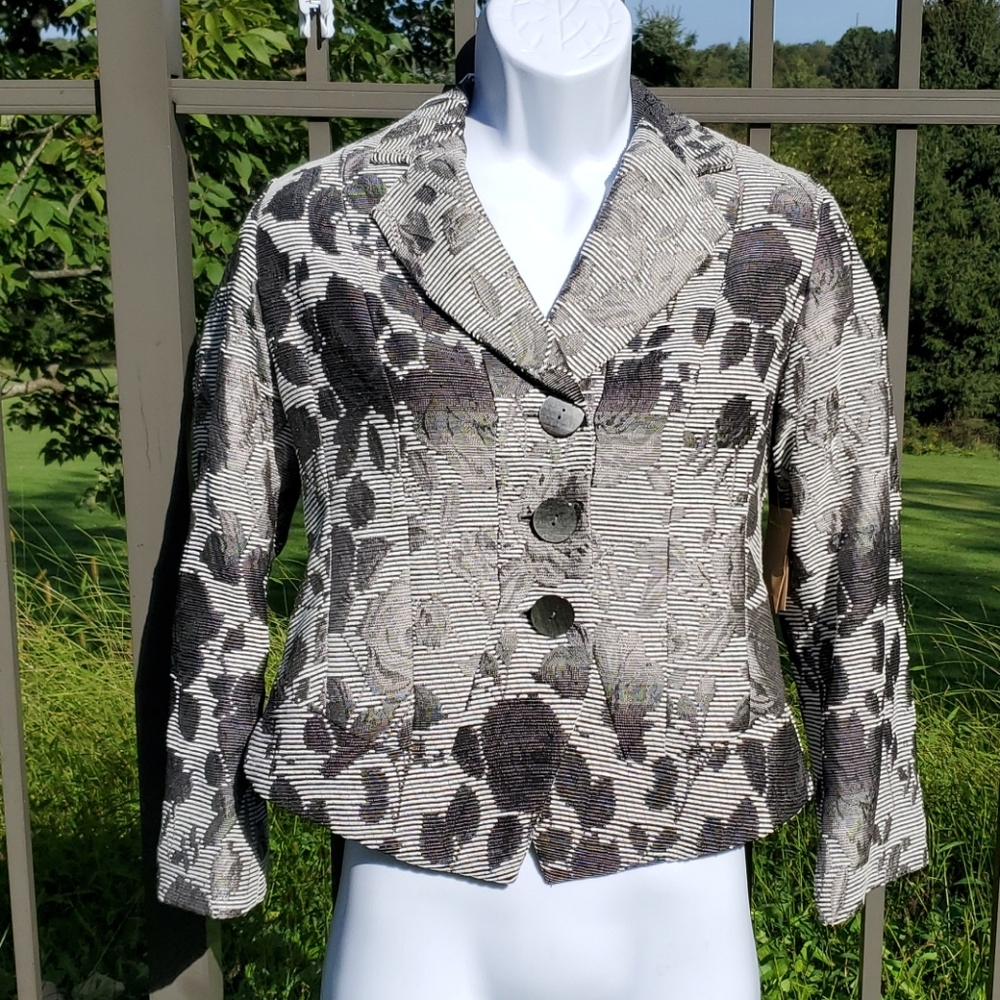 New Coldwater Creek Floral Jacquard Black, Gray & White Jacket/Blazer 8P - Picture 1 of 15